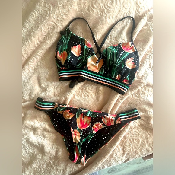 Eidon Brand Bikini peach, pink, green floral with B&W polka dots - Picture 1 of 3